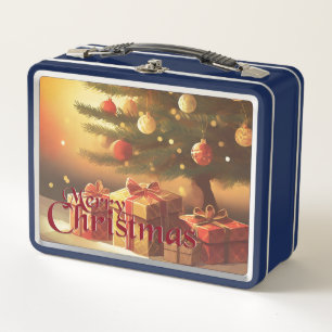 Xmas Motif, with Presents Under the Christmas Tree Metal Lunch Box