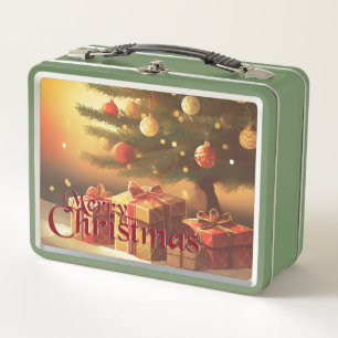 Xmas Motif, with Presents Under the Christmas Tree Metal Lunch Box