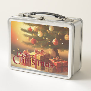Xmas Motif, with Presents Under the Christmas Tree Metal Lunch Box