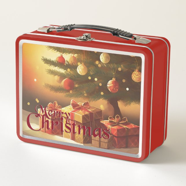 Xmas Motif, with Presents Under the Christmas Tree Metal Lunch Box (Front)