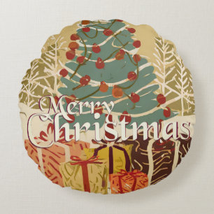 Xmas Motif, with Presents Under the Christmas Tree Round Pillow
