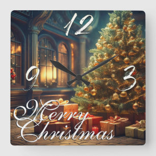 Xmas Motif with Presents Under the Christmas Tree Square Wall Clock