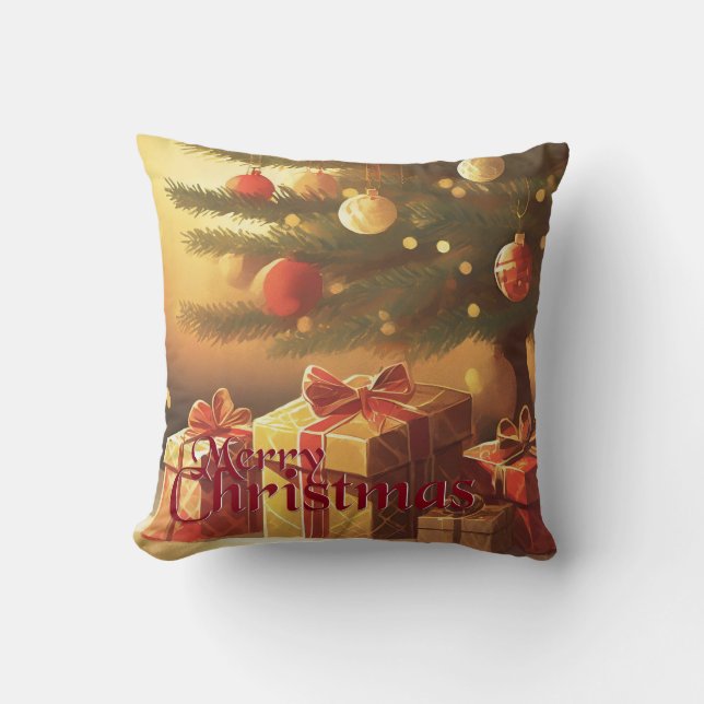 Xmas Motif, with Presents Under the Christmas Tree Throw Pillow (Front)
