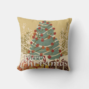 Xmas Motif, with Presents Under the Christmas Tree Throw Pillow