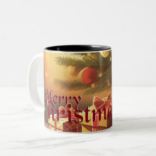 Xmas Motif, with Presents Under the Christmas Tree Two-Tone Coffee Mug