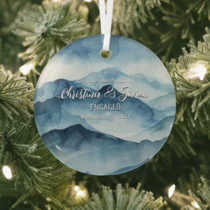 Xmas Mountain Winter Hiking Couple Engagement Blue Glass Ornament