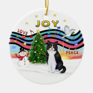 Xmas Music #1 - Black and White cat Ceramic Ornament