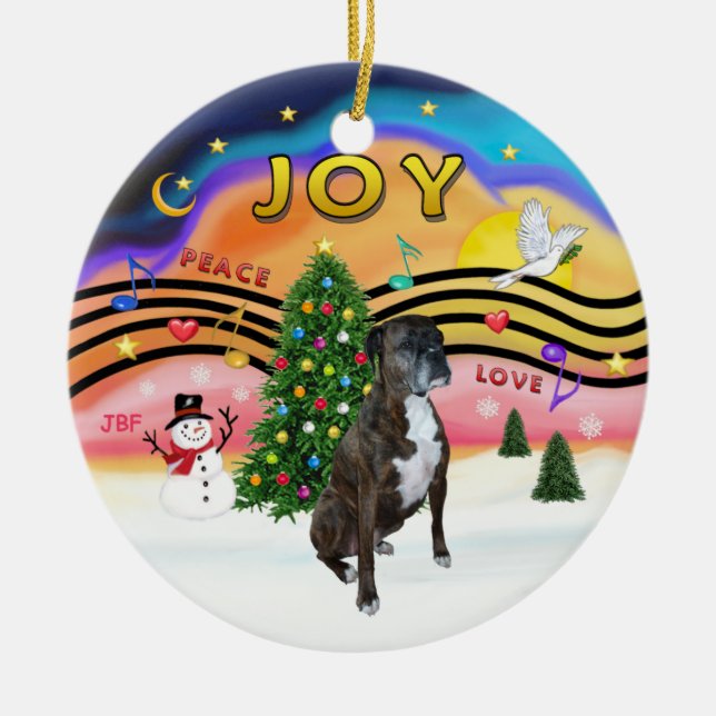 Xmas Music 2 - Boxer (brindle - nat) Ceramic Ornament (Front)