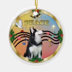Xmas Music 3 - PEACE - Siberian Husky 1 Ceramic Ornament