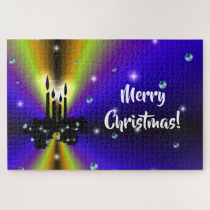 Xmas on Purple Yellow Rainbow with Pearls Jigsaw Puzzle