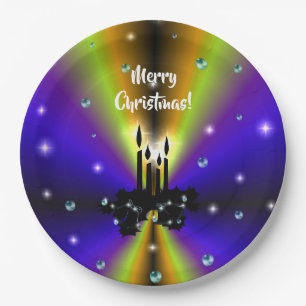Xmas on Purple Yellow Rainbow with Pearls Paper Plate
