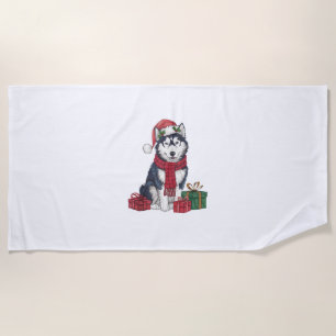 Xmas Party Decoration Santa Alaskan Husky Dog Chri Beach Towel