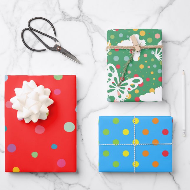Xmas pattern colourful dots and butterflies cute  wrapping paper sheet (Front)