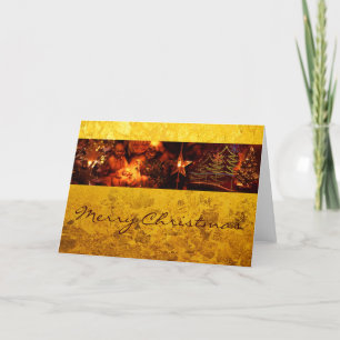 Xmas - Photo Stripe - Red / gold leaf background Holiday Card