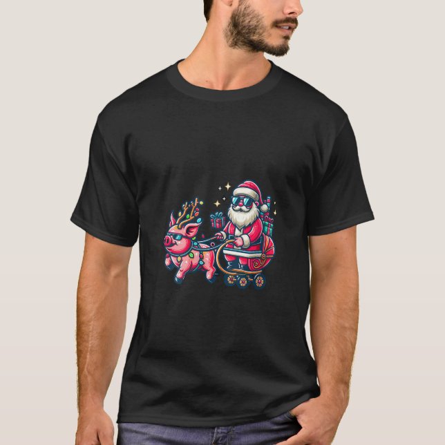 Xmas Pig Farmer Lover Santa Riding Reindeer Pig V  T-Shirt (Front)