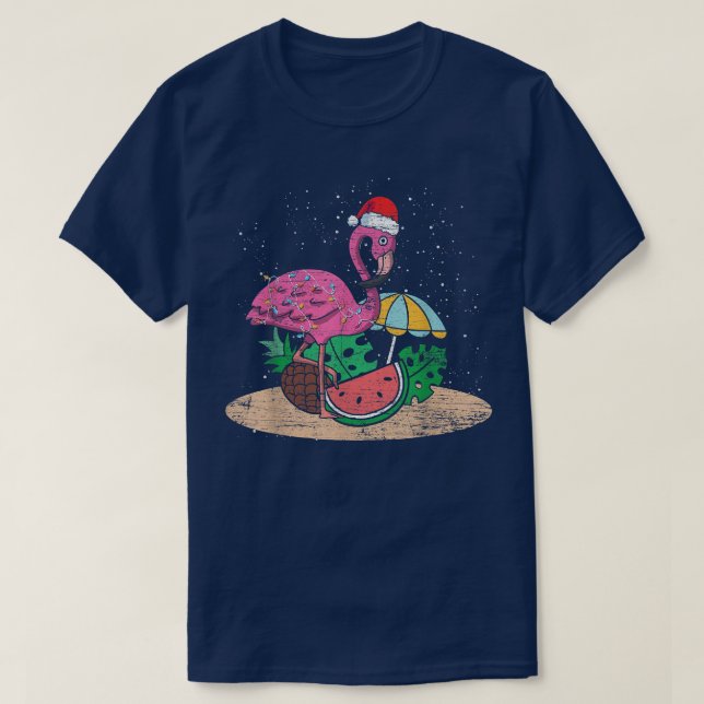 Xmas Pink Flamingo Hawaii Summer Tropical Christma T-Shirt (Design Front)