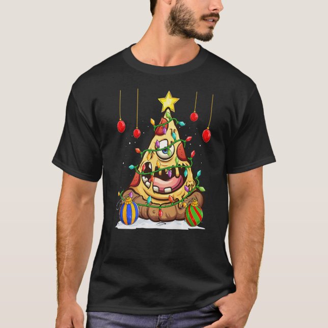 Xmas pizza food Lights decorate the Christmas tree T-Shirt (Front)