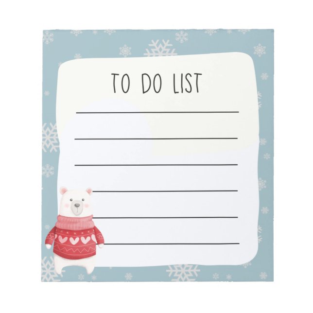 Xmas Polar Bear Blue White Snowflake To Do List Notepad (Front)