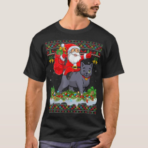 Xmas Pyjamas Ugly Santa Riding Russian Blue Cat Ch T-Shirt