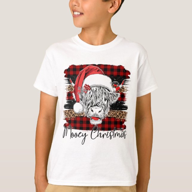 Xmas Red Buffalo Plaid Cow Santa Claus Hat Mooey C T-Shirt (Front)