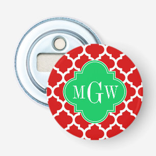 Xmas Red White Moroccan #5 Emerald Name Monogram Bottle Opener