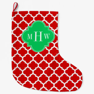 Xmas Red White Moroccan #5 Emerald Name Monogram Large Christmas Stocking