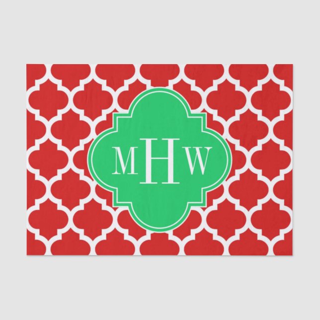 Xmas Red White Moroccan #5 Emerald Name Monogram Tissue Paper (Front)