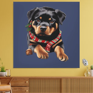 Xmas Rottweiler Dog Christmas Wearing A Scarf Canvas Print
