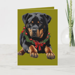 Xmas Rottweiler Dog Christmas With Garland Collar Holiday Card