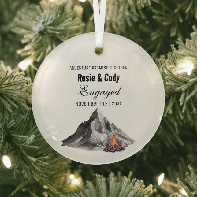 Xmas Rustic Black Mountain Bon Fire Couple Engaged Glass Ornament (Insitu)