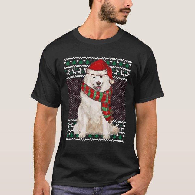 Xmas Samoyed Dog Santa Hat Ugly Christmas  T-Shirt (Front)