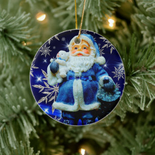 XMAS SANTA BLUE ICE CRYSTALS CERAMIC ORNAMENT