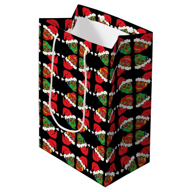 Xmas Santa Sugar Skulls Medium Gift Bag (Front Angled)