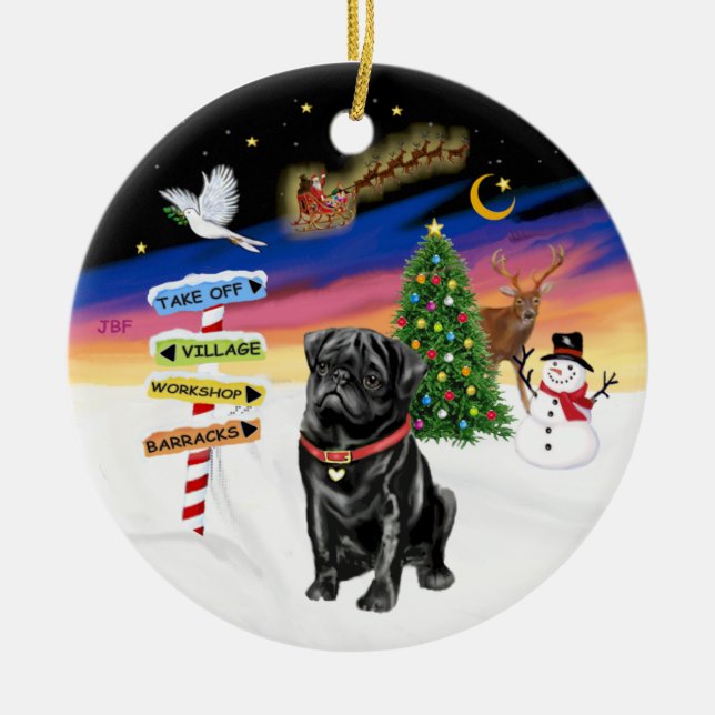Xmas Signs - Black Pug Ceramic Ornament (Front)