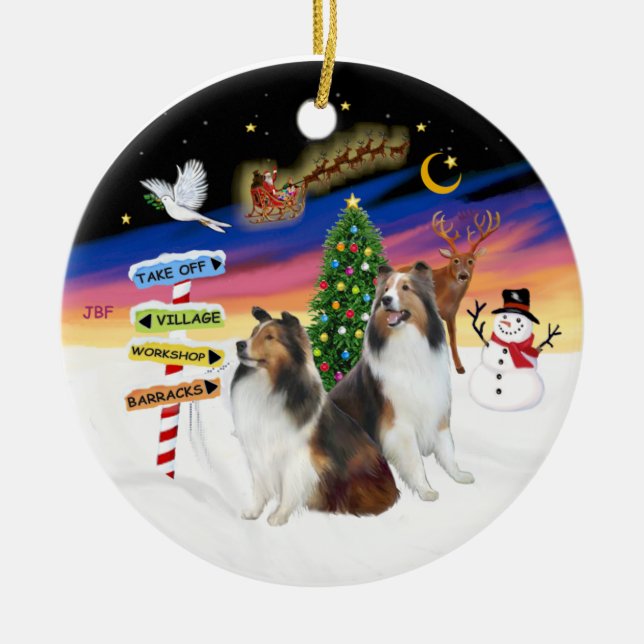 Xmas Signs - Two Shetland Sheepdogs (D-L) Ceramic Ornament (Front)