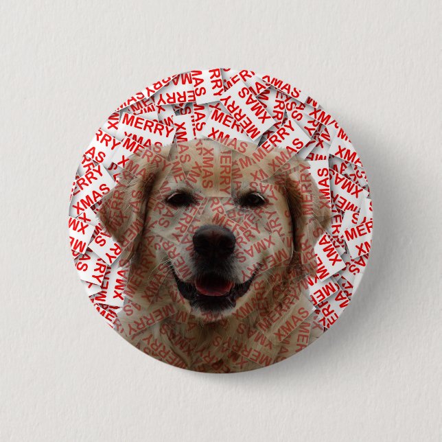 Xmas Smiling Golden Retriever Dog 2 Inch Round Button (Front)