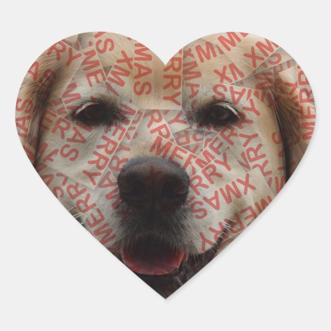 Xmas Smiling Golden Retriever Dog Heart Sticker (Front)