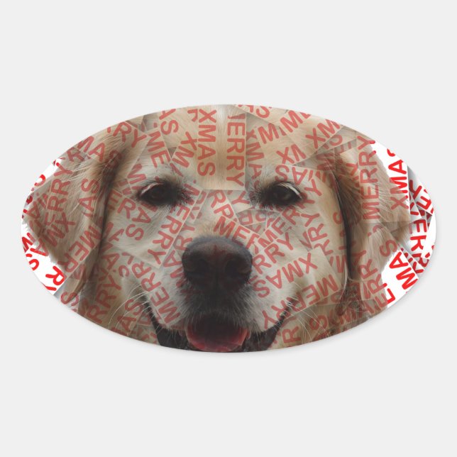 Xmas Smiling Golden Retriever Dog Oval Sticker (Front)