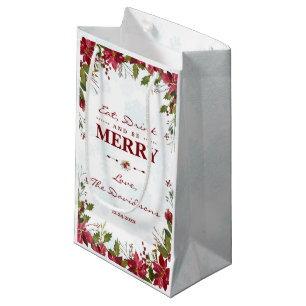 Xmas Snowflakes Poinsettia Eat Drink & be Merry Small Gift Bag