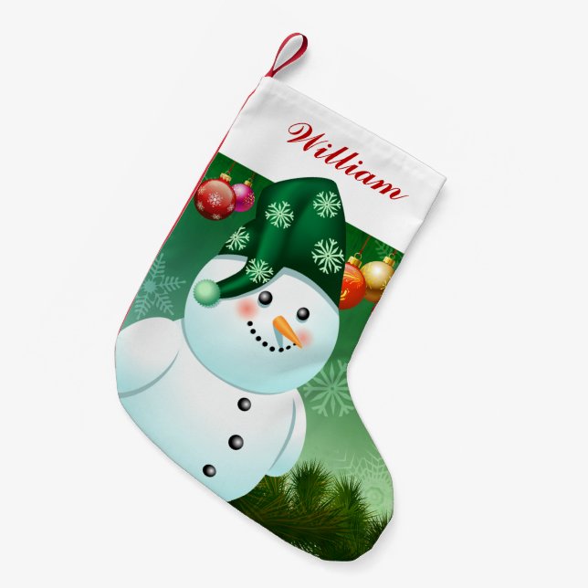 Xmas Snowman With Green Hat Small Christmas Stocking (Front (Hanging))
