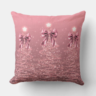 Xmas Sparkling Trees Blush Pink Faux Bow  Throw Pillow