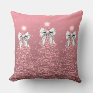 Xmas Sparkling Trees Blush Pink Faux White Bow  Throw Pillow