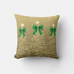 Xmas Sparkling Trees Gold Faux Green Bow Throw Pillow