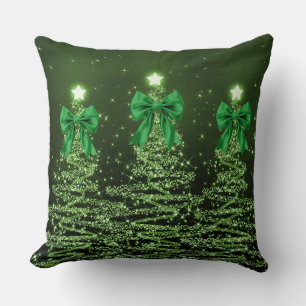 Xmas Sparkling Trees Green Faux Bow Throw Pillow