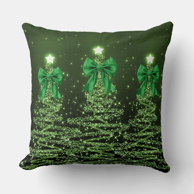 Xmas Sparkling Trees Green Faux Bow Throw Pillow (Front)