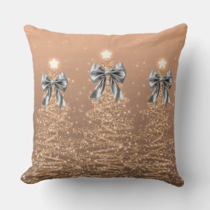 Xmas Sparkling Trees Rose Gold Faux Silver Bow  Throw Pillow