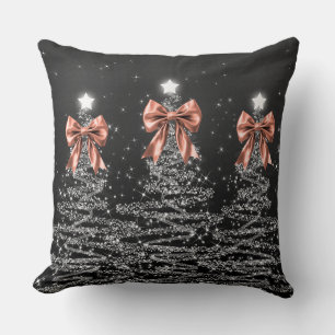Xmas Sparkling Trees Silver Faux Rose Gold Bow  Throw Pillow