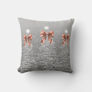 Xmas Sparkling Trees Silver Faux Rose Gold Bow Throw Pillow