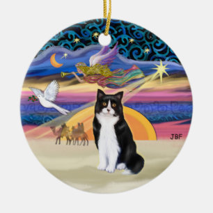 Xmas Star - Black and white Tuxedo cat Ceramic Ornament
