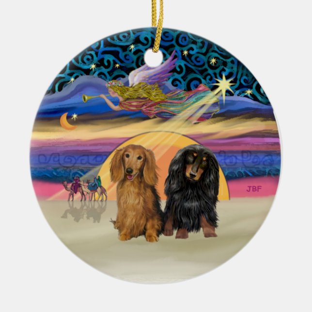 Xmas Star - Two Long Haired Dachshunds Ceramic Ornament (Front)